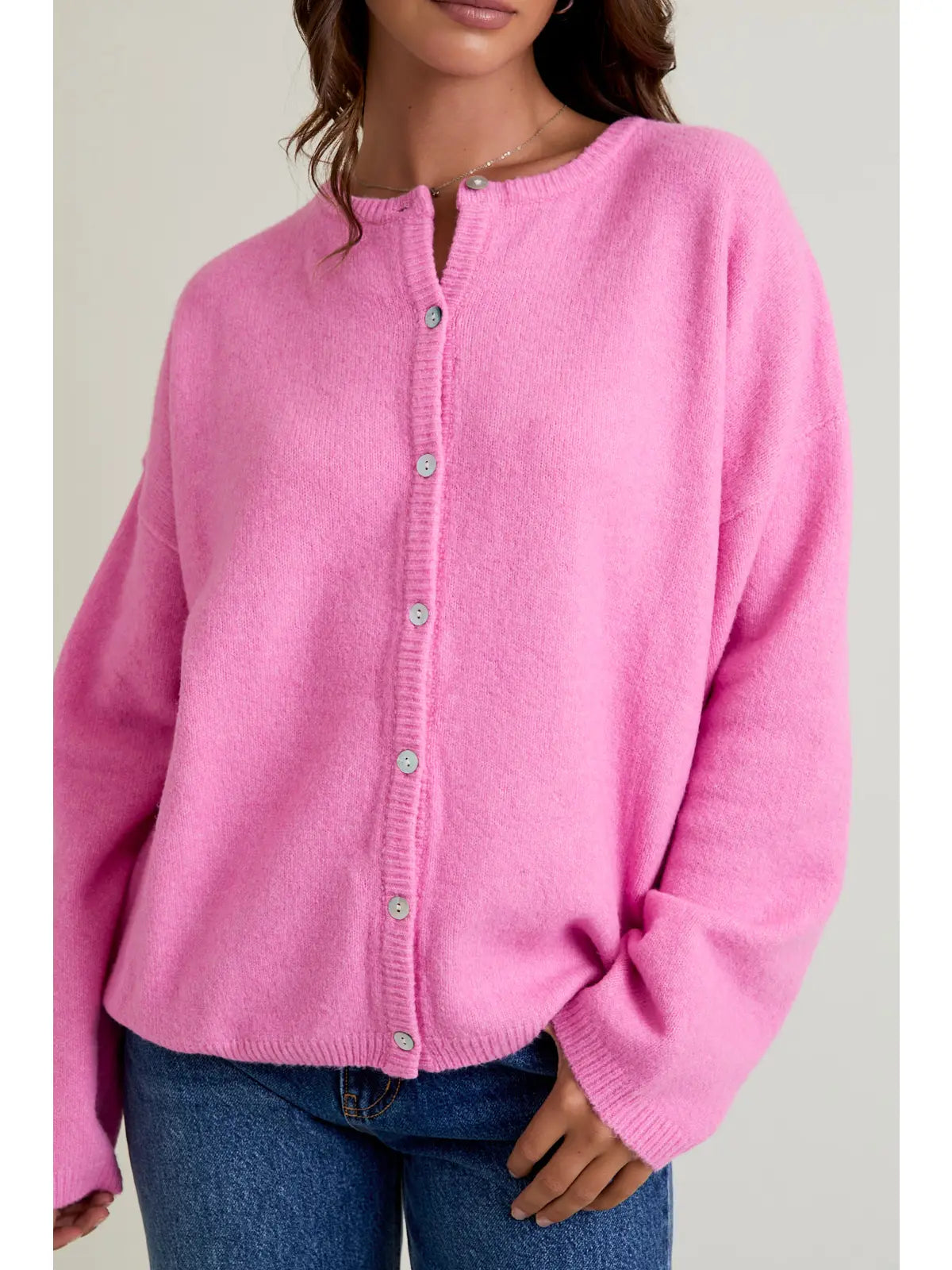 Pink Crew Neck Cardigan Sweater