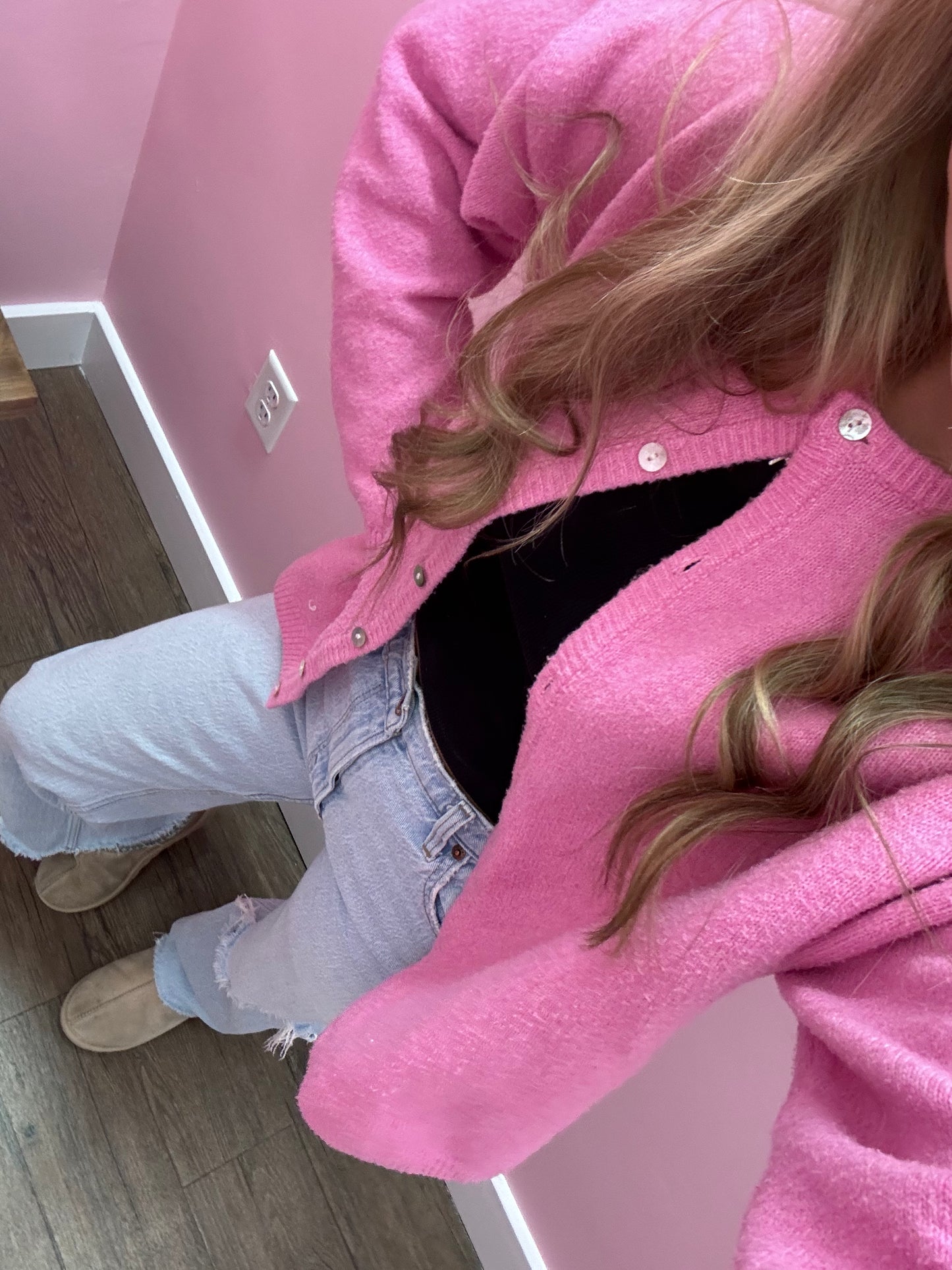 Pink Crew Neck Cardigan Sweater