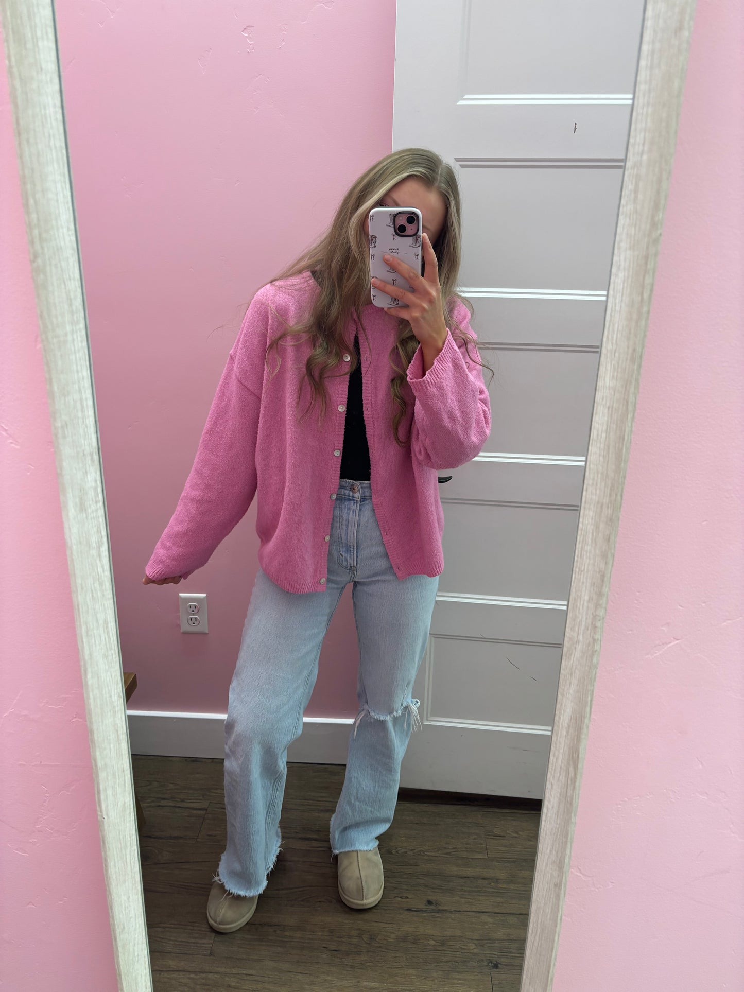 Pink Crew Neck Cardigan Sweater