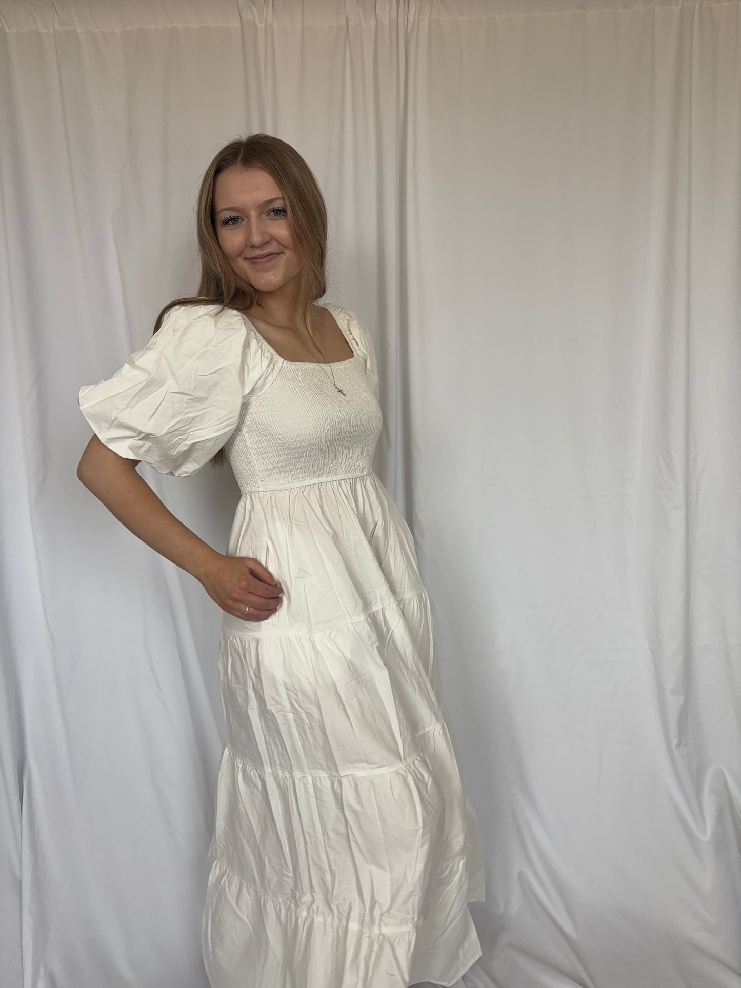 Puff Sleeve Tiered Poplin Dress