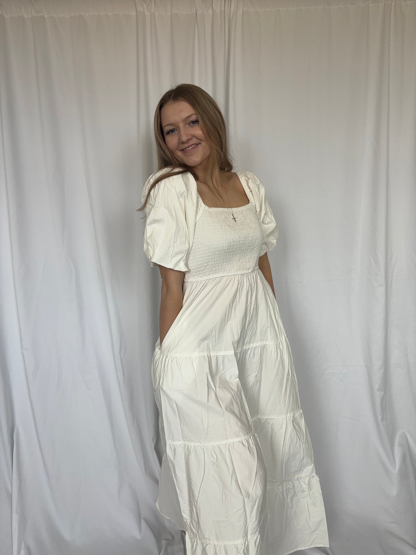 Puff Sleeve Tiered Poplin Dress