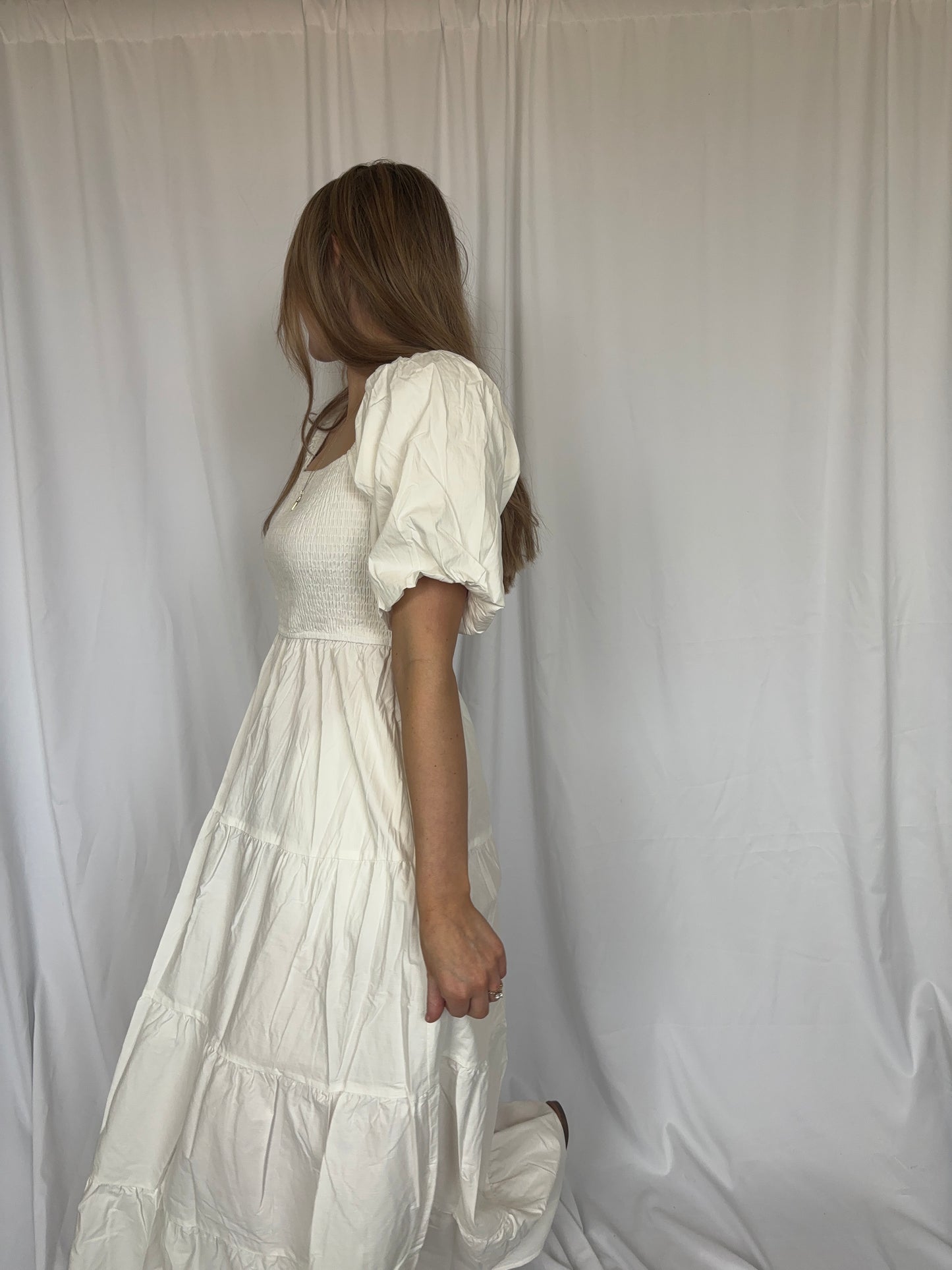 Puff Sleeve Tiered Poplin Dress