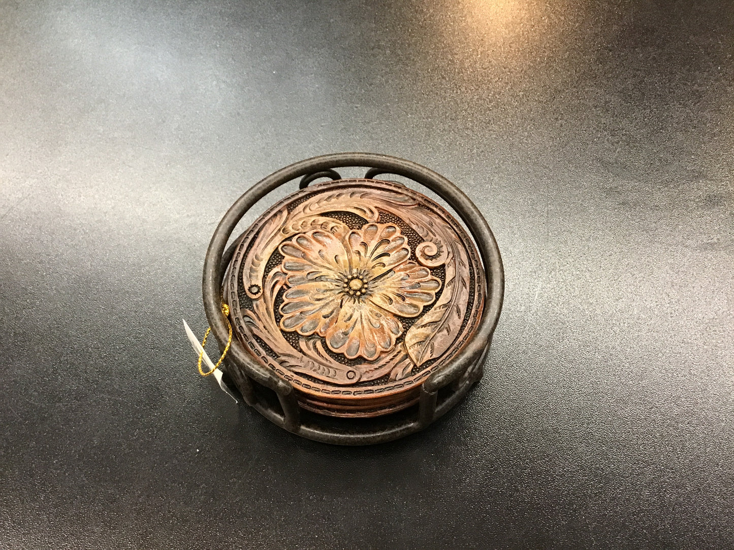 Set of 4 leather coasters with holder